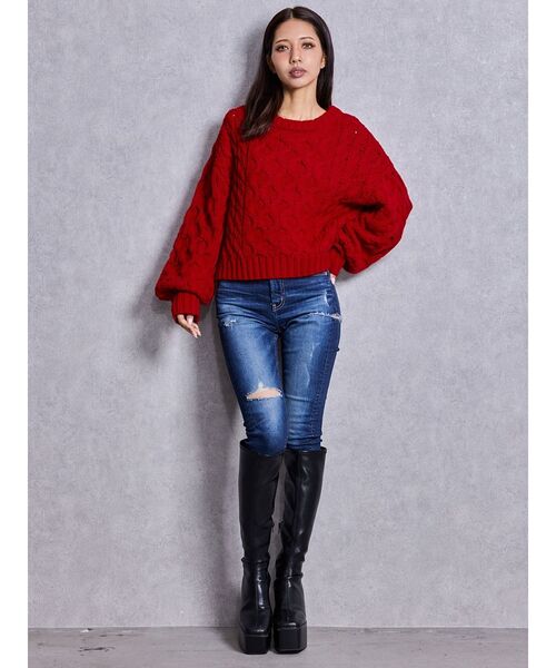 GYDA(ジェイダ)の「ケーブルクルーネックニットトップス(ニット/セーター・レディース・グレー/アイボリー/レッド・FREE)」の5枚目の写真