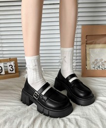 ダブルベルト厚底ローファー 韓国風美脚靴