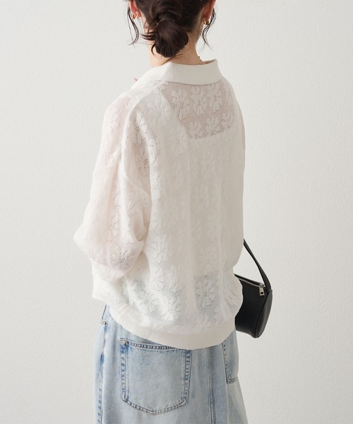 PUAL CE CIN（ピュアルセシン）の「透かし編み花柄ジャガード襟付きカーディガン（カーディガン/ボレロ・レディース・ベージュ/ネイビー/オフホワイト・FREE）」の5枚目の写真