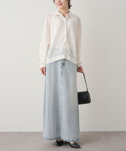 PUAL CE CIN（ピュアルセシン）の「透かし編み花柄ジャガード襟付きカーディガン（カーディガン/ボレロ・レディース・ベージュ/ネイビー/オフホワイト・FREE）」の7枚目の写真