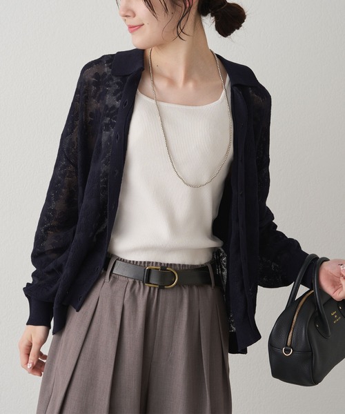 PUAL CE CIN（ピュアルセシン）の「透かし編み花柄ジャガード襟付きカーディガン（カーディガン/ボレロ・レディース・ベージュ/ネイビー/オフホワイト・FREE）」の15枚目の写真