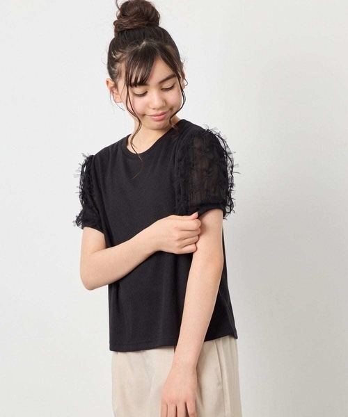 a.v.v（アーヴェヴェ）の「[120-160]袖リボンチュールテレコカットソー（Tシャツ/カットソー・キッズ・ホワイト/ブラック・160/150/120/130/140）」の2枚目の写真