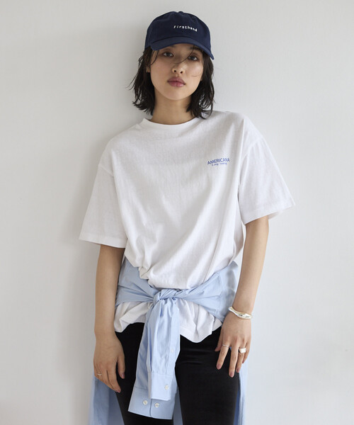 AMERICANA（アメリカーナ）の「Americana/アメリカーナ 別注 丸胴 ラフィー天竺 ロゴプリントTEE / リラックスフィット バックプリント半袖Tシャツ（Tシャツ/カットソー・レディース・オフホワイト/チャコールグレー/ネイビー/ブラウン・ONE SIZE）」の7枚目の写真