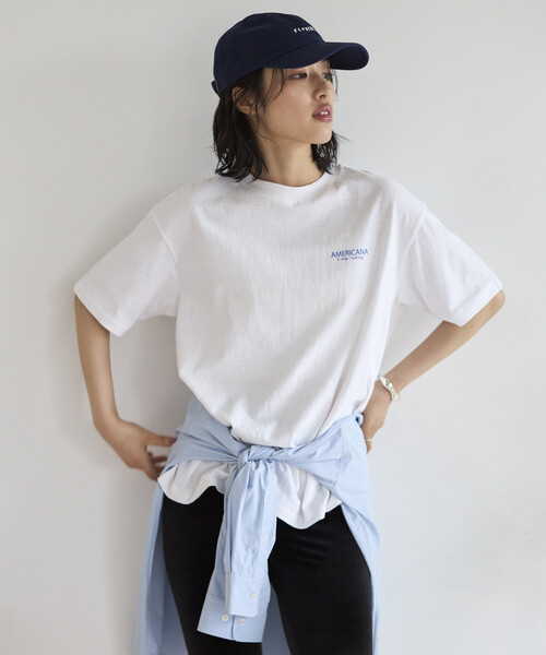 AMERICANA（アメリカーナ）の「Americana/アメリカーナ 別注 丸胴 ラフィー天竺 ロゴプリントTEE / リラックスフィット バックプリント半袖Tシャツ（Tシャツ/カットソー・レディース・オフホワイト/チャコールグレー/ネイビー/ブラウン・ONE SIZE）」の8枚目の写真