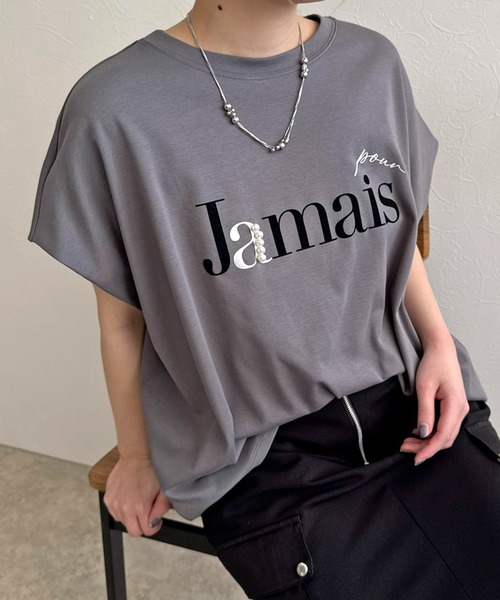 LHELBIE(レルビエ)の「パール+ロゴボックスTシャツ(Tシャツ/カットソー・レディース・ネイビー/オフホワイト/チャコールグレー・M)」の2枚目の写真