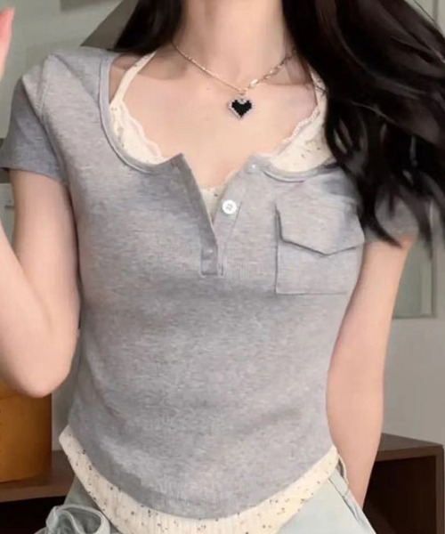 SHEPP(シープ)の「レースドッキング ヘンリーネック リブトップス(Tシャツ/カットソー・レディース・グレー/ブルー・S/M)」の1枚目の写真