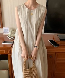 ラウンドネック ノースリーブ ギャザー Aライン ワンピース