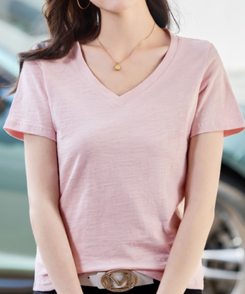 2ly2（トゥーリートゥー）の「VネックTシャツ 半袖 無地 ベーシック ゆったり 薄手（Tシャツ/カットソー・レディース・ピンク/ホワイト/ベージュ/ブラック・FREE）」の4枚目の写真