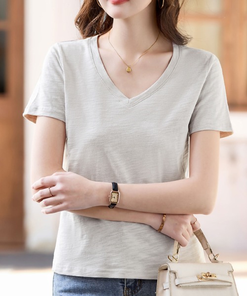2ly2（トゥーリートゥー）の「VネックTシャツ 半袖 無地 ベーシック ゆったり 薄手（Tシャツ/カットソー・レディース・ピンク/ホワイト/ベージュ/ブラック・FREE）」の14枚目の写真
