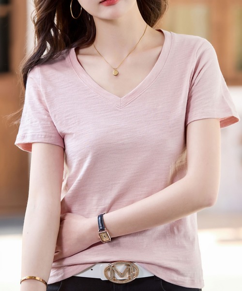 2ly2（トゥーリートゥー）の「VネックTシャツ 半袖 無地 ベーシック ゆったり 薄手（Tシャツ/カットソー・レディース・ピンク/ホワイト/ベージュ/ブラック・FREE）」の19枚目の写真