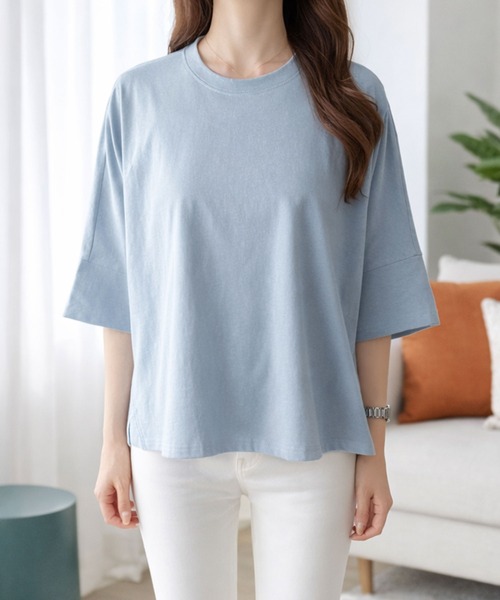 Amulet(アミュレット)の「ゆるっと着てサマになるラフな抜け感◎ワイドシルエットTシャツ(Tシャツ/カットソー・レディース・ブルー/ブラック/ホワイト/グリーン・FREE)」の5枚目の写真