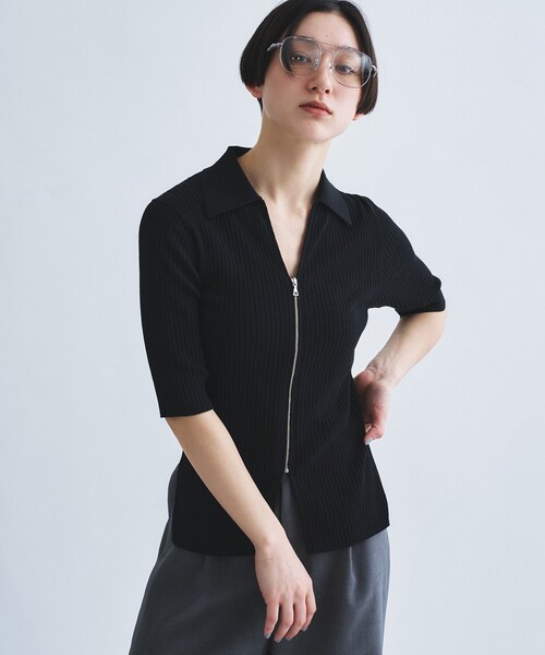 CODE A(コードエー)の「rib zip cardigan(カーディガン/ボレロ・レディース・パープル/アイボリー/ブラック・00)」の4枚目の写真