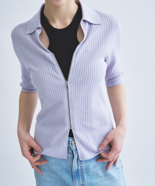 CODE A(コードエー)の「rib zip cardigan(カーディガン/ボレロ・レディース・パープル/アイボリー/ブラック・00)」の15枚目の写真