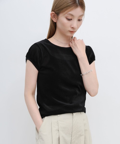 select MOCA(セレクトモカ)の「ベロアミニスリーブTシャツ(Tシャツ/カットソー・レディース・ブラウン/アイボリー/ブラック・FREE)」の1枚目の写真