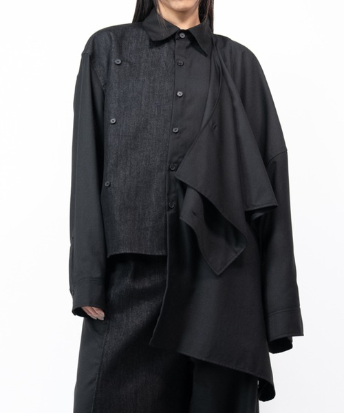 Asymmetry denim docking SH/アシンメトリーデニムドッキングシャツ