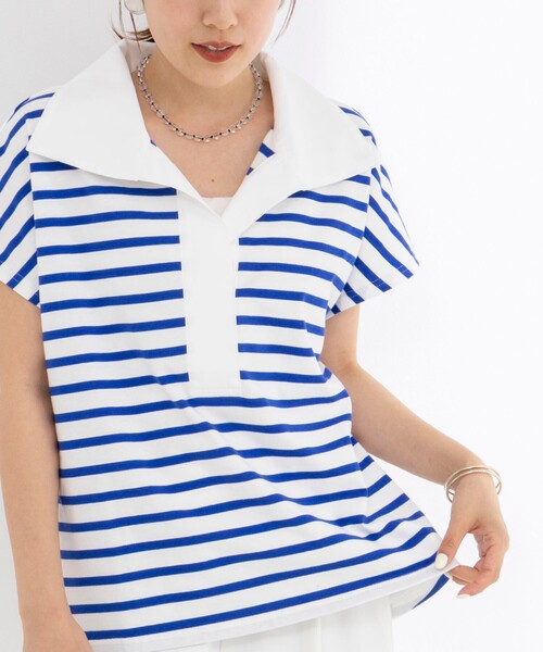 NOLLEY’S(ノーリーズ)の「【BECシリーズ】ウォッシャブルオープンカラーボーダーコクーンT(Tシャツ/カットソー・レディース・ブルー系その他3/ベージュ系その他3/ブルー系その他7・38)」の1枚目の写真