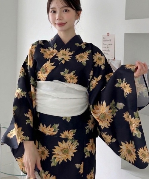 ひまわり柄 浴衣 ネイビー ゴールド帯 着付けいらずのひまわり柄セパレート浴衣 3点セット（浴衣）｜TREOVER