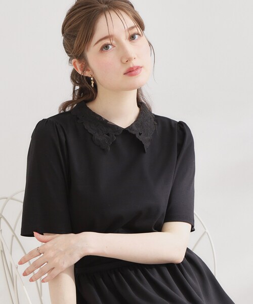 couture brooch(クチュールブローチ)の「【UVカット・接触冷感・洗える】襟レース トップス(Tシャツ/カットソー・レディース・ブラック/オフホワイト/ネイビー系4・42/40/38/36)」の3枚目の写真
