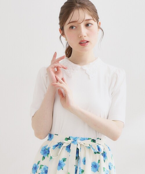couture brooch(クチュールブローチ)の「【UVカット・接触冷感・洗える】襟レース トップス(Tシャツ/カットソー・レディース・ブラック/オフホワイト/ネイビー系4・42/40/38/36)」の8枚目の写真