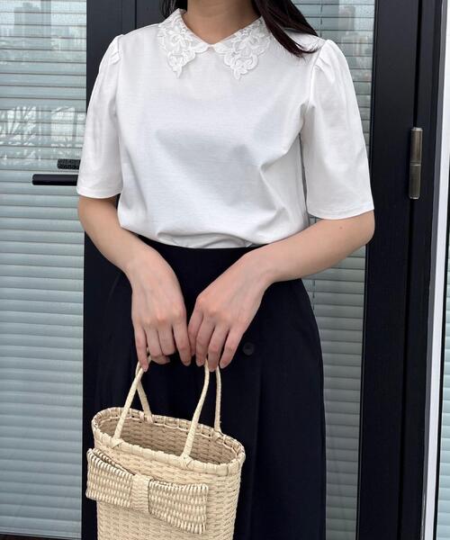 couture brooch(クチュールブローチ)の「【UVカット・接触冷感・洗える】襟レース トップス(Tシャツ/カットソー・レディース・ブラック/オフホワイト/ネイビー系4・42/40/38/36)」の8枚目の写真