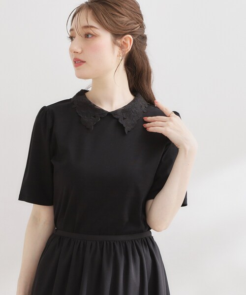 couture brooch(クチュールブローチ)の「【UVカット・接触冷感・洗える】襟レース トップス(Tシャツ/カットソー・レディース・ブラック/オフホワイト/ネイビー系4・42/40/38/36)」の12枚目の写真