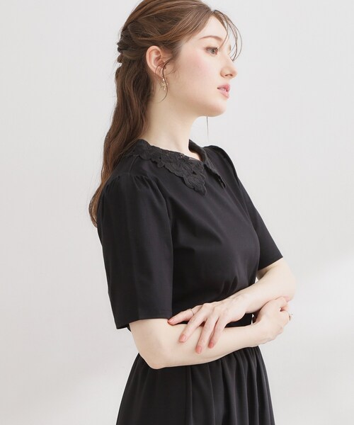couture brooch(クチュールブローチ)の「【UVカット・接触冷感・洗える】襟レース トップス(Tシャツ/カットソー・レディース・ブラック/オフホワイト/ネイビー系4・42/40/38/36)」の13枚目の写真