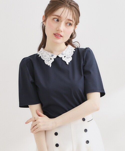 couture brooch(クチュールブローチ)の「【UVカット・接触冷感・洗える】襟レース トップス(Tシャツ/カットソー・レディース・ブラック/オフホワイト/ネイビー系4・42/40/38/36)」の22枚目の写真