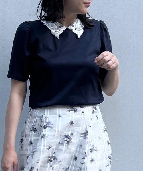 couture brooch(クチュールブローチ)の「【UVカット・接触冷感・洗える】襟レース トップス(Tシャツ/カットソー・レディース・ブラック/オフホワイト/ネイビー系4・42/40/38/36)」の16枚目の写真