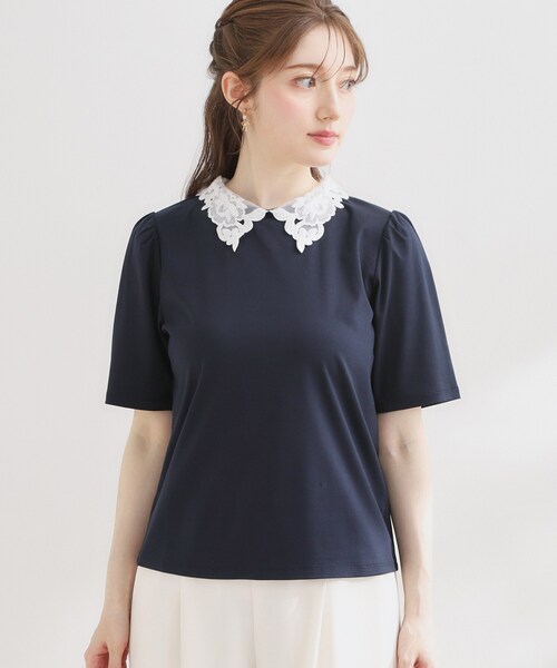 couture brooch(クチュールブローチ)の「【UVカット・接触冷感・洗える】襟レース トップス(Tシャツ/カットソー・レディース・ブラック/オフホワイト/ネイビー系4・42/40/38/36)」の20枚目の写真