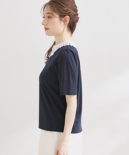 couture brooch(クチュールブローチ)の「【UVカット・接触冷感・洗える】襟レース トップス(Tシャツ/カットソー・レディース・ブラック/オフホワイト/ネイビー系4・42/40/38/36)」の9枚目の写真