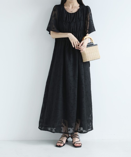 MAISON DE THERESE(メゾン ド テレーズ)の「2026 夏新作 シフォン ジャカード 丸首半袖 ロングワンピース ウエスト紐(ワンピース・レディース・アイボリー/Black/ブルー・FREE)」の2枚目の写真