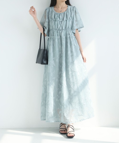 MAISON DE THERESE(メゾン ド テレーズ)の「2026 夏新作 シフォン ジャカード 丸首半袖 ロングワンピース ウエスト紐(ワンピース・レディース・アイボリー/Black/ブルー・FREE)」の3枚目の写真