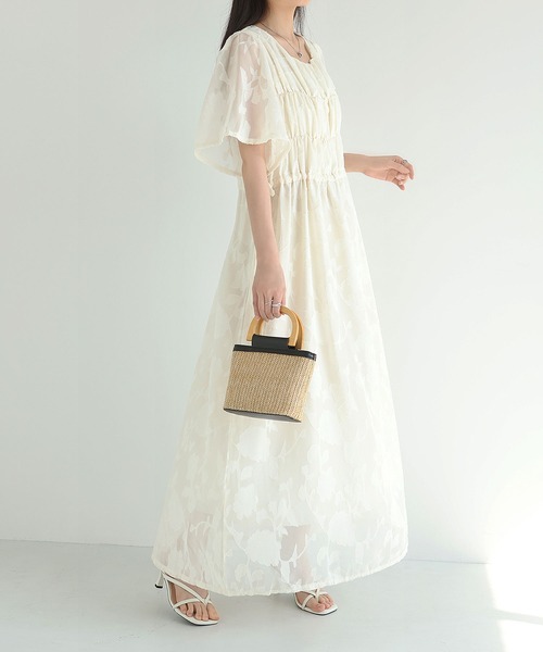 MAISON DE THERESE(メゾン ド テレーズ)の「2026 夏新作 シフォン ジャカード 丸首半袖 ロングワンピース ウエスト紐(ワンピース・レディース・アイボリー/Black/ブルー・FREE)」の1枚目の写真