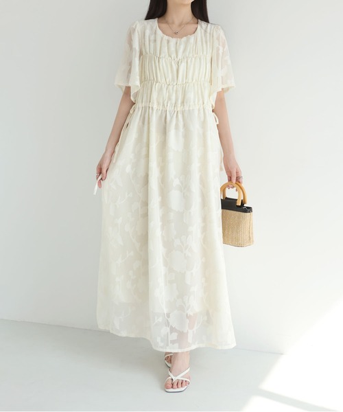 MAISON DE THERESE(メゾン ド テレーズ)の「2026 夏新作 シフォン ジャカード 丸首半袖 ロングワンピース ウエスト紐(ワンピース・レディース・アイボリー/Black/ブルー・FREE)」の9枚目の写真