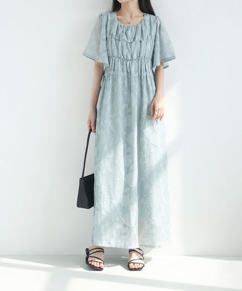 MAISON DE THERESE(メゾン ド テレーズ)の「2026 夏新作 シフォン ジャカード 丸首半袖 ロングワンピース ウエスト紐(ワンピース・レディース・アイボリー/Black/ブルー・FREE)」の15枚目の写真