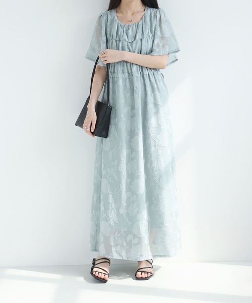 MAISON DE THERESE(メゾン ド テレーズ)の「2026 夏新作 シフォン ジャカード 丸首半袖 ロングワンピース ウエスト紐(ワンピース・レディース・アイボリー/Black/ブルー・FREE)」の16枚目の写真