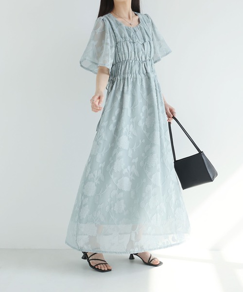 MAISON DE THERESE(メゾン ド テレーズ)の「2026 夏新作 シフォン ジャカード 丸首半袖 ロングワンピース ウエスト紐(ワンピース・レディース・アイボリー/Black/ブルー・FREE)」の13枚目の写真