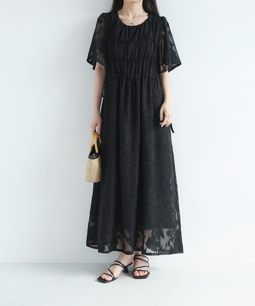 MAISON DE THERESE(メゾン ド テレーズ)の「2026 夏新作 シフォン ジャカード 丸首半袖 ロングワンピース ウエスト紐(ワンピース・レディース・アイボリー/Black/ブルー・FREE)」の5枚目の写真