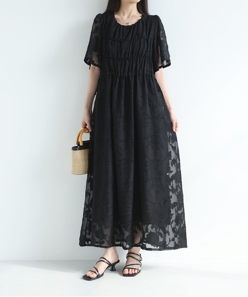 MAISON DE THERESE(メゾン ド テレーズ)の「2026 夏新作 シフォン ジャカード 丸首半袖 ロングワンピース ウエスト紐(ワンピース・レディース・アイボリー/Black/ブルー・FREE)」の6枚目の写真
