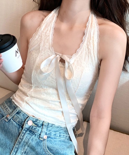 Lace Ladies(レースレディース)の「レース リボン ホルター カップ付き キャミソール(キャミソール・レディース・アイボリー/ブラック/ホワイト・FREE)」の3枚目の写真