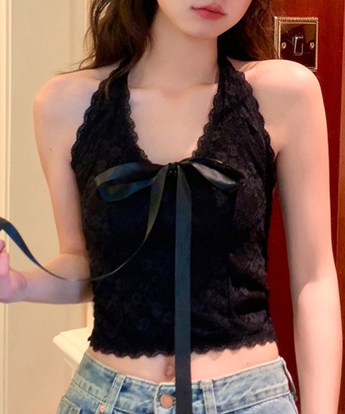 Lace Ladies(レースレディース)の「レース リボン ホルター カップ付き キャミソール(キャミソール・レディース・アイボリー/ブラック/ホワイト・FREE)」の1枚目の写真