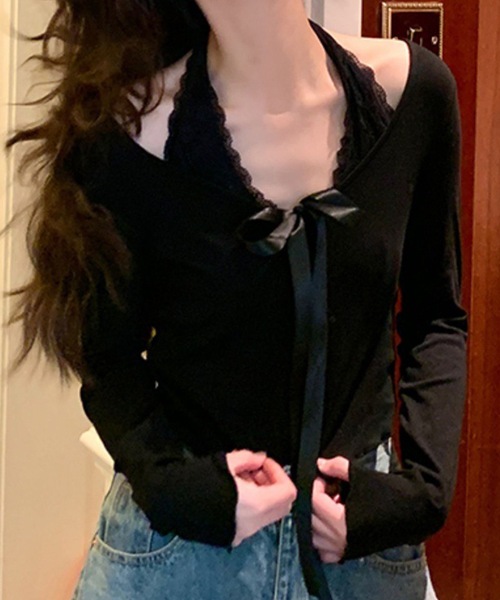 Lace Ladies(レースレディース)の「レース リボン ホルター カップ付き キャミソール(キャミソール・レディース・アイボリー/ブラック/ホワイト・FREE)」の6枚目の写真