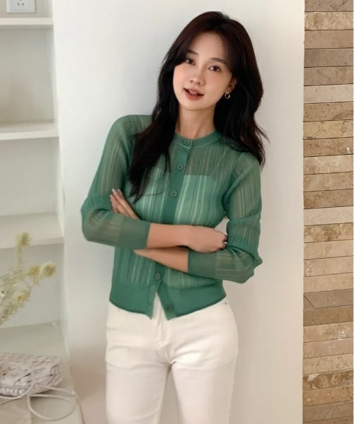 BIRTHDAY BASH（バースデイバッシュ）の「BB SHEER RIB CARDIGAN（BBシアーリブカーディガン）（カーディガン/ボレロ・レディース・グリーン/ホワイト・S/M）」の14枚目の写真