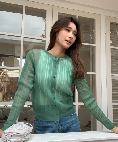BIRTHDAY BASH（バースデイバッシュ）の「BB SHEER RIB CARDIGAN（BBシアーリブカーディガン）（カーディガン/ボレロ・レディース・グリーン/ホワイト・S/M）」の17枚目の写真