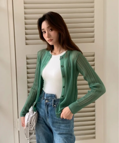 BIRTHDAY BASH（バースデイバッシュ）の「BB SHEER RIB CARDIGAN（BBシアーリブカーディガン）（カーディガン/ボレロ・レディース・グリーン/ホワイト・S/M）」の6枚目の写真