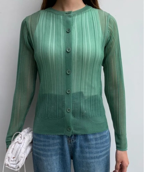 BIRTHDAY BASH（バースデイバッシュ）の「BB SHEER RIB CARDIGAN（BBシアーリブカーディガン）（カーディガン/ボレロ・レディース・グリーン/ホワイト・S/M）」の10枚目の写真