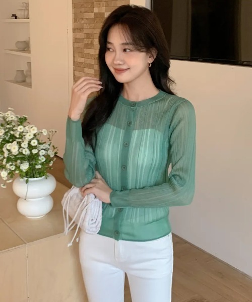 BIRTHDAY BASH（バースデイバッシュ）の「BB SHEER RIB CARDIGAN（BBシアーリブカーディガン）（カーディガン/ボレロ・レディース・グリーン/ホワイト・S/M）」の4枚目の写真