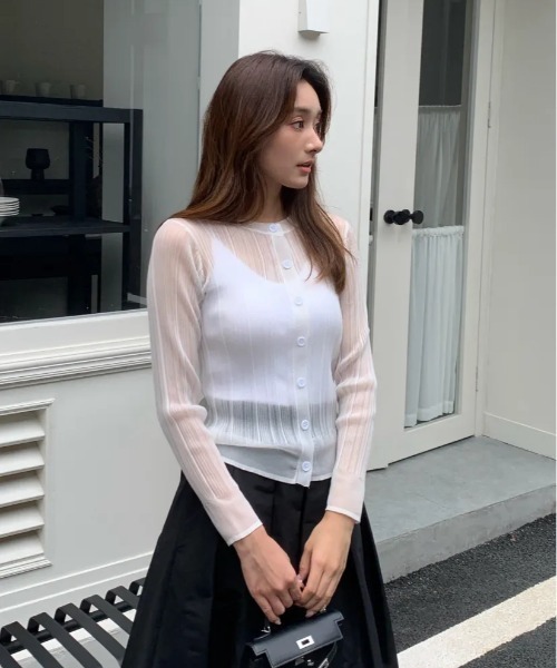BIRTHDAY BASH（バースデイバッシュ）の「BB SHEER RIB CARDIGAN（BBシアーリブカーディガン）（カーディガン/ボレロ・レディース・グリーン/ホワイト・S/M）」の5枚目の写真