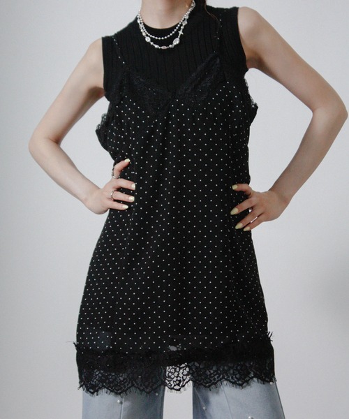 NYLAUS(ナイラス)の「【SG】シアー ドット レース キャミワンピース ミニワンピース(ワンピース・レディース・ブラック/オフホワイト・M)」の1枚目の写真