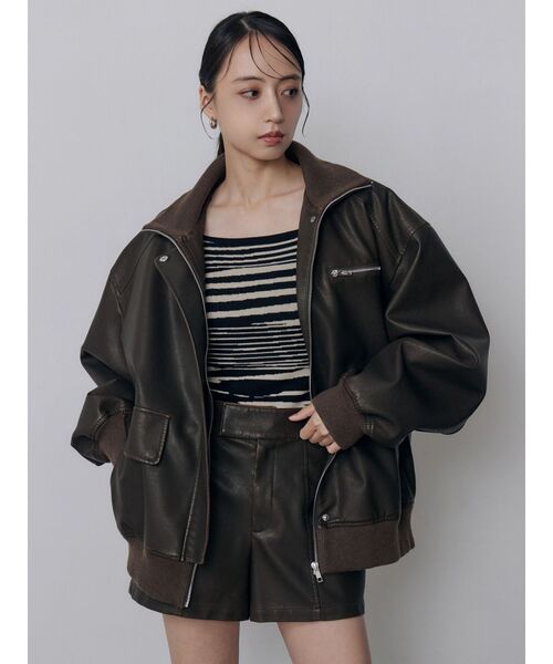 MURUA(ムルーア)の「【セットアップ対応】リブカラーフェイクレザーブルゾン(ブルゾン・レディース・ダークグレー/ブラウン・FREE)」の3枚目の写真